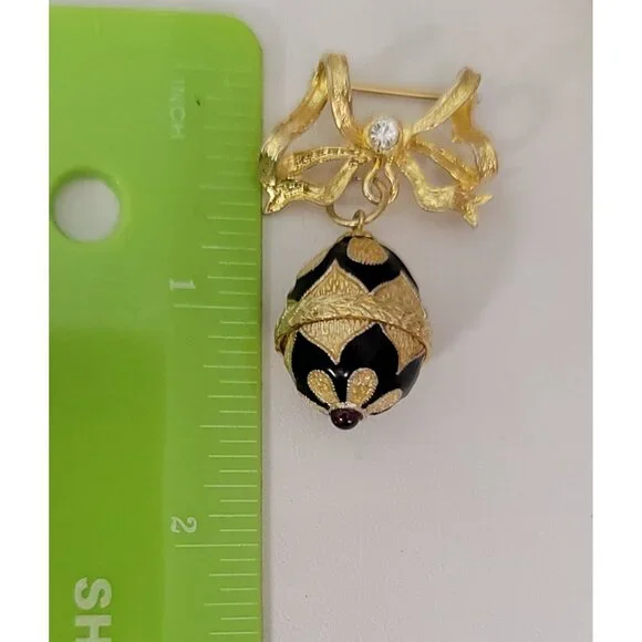 Sterling Silver Gold Vermeil Bow Bar Faberge Style Egg Charm Dangle Pin Brooch